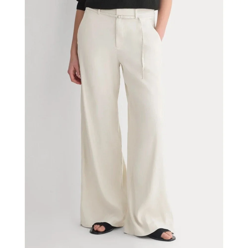 EVERLANE Wide-Leg Belted Pant Stretch Linen Birch 4 LONG Heavyweight NEW CHIC